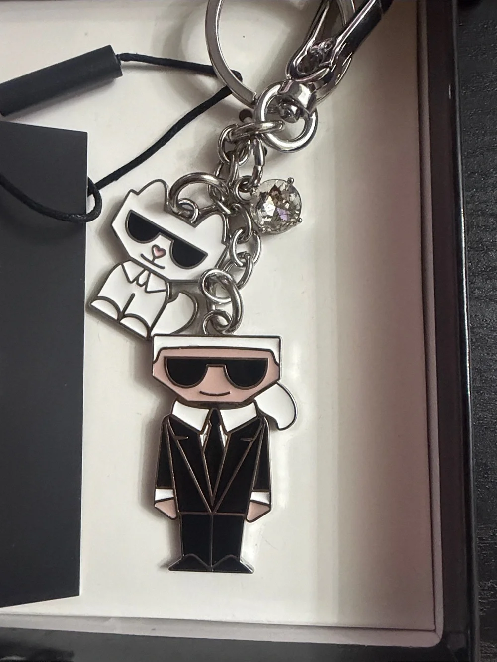 Karl Lagerfeld Black & Silver Character Charm Keychain - Men Accessories